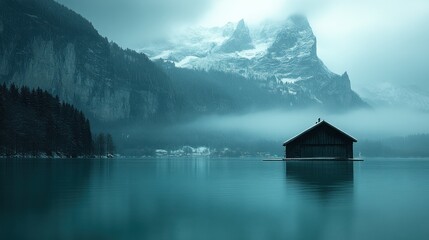 Canvas Print - Misty mountain lake with lone cabin.