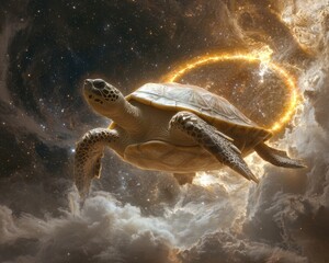 Poster - Winged turtle floating in celestial sky digital art cosmic environment surreal viewpoint