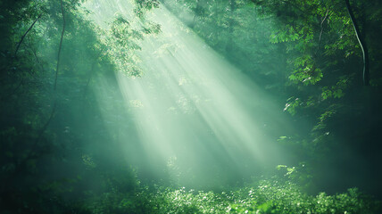 Wall Mural - beautiful rays of sunlight streaming through the lush green canopy of a tranquil forest