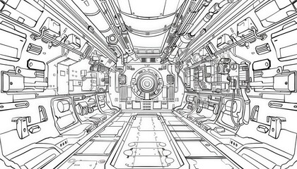 Intricate line art of a spaceship interior. Ideal for coloring books, sci-fi illustrations, or technical design projects.