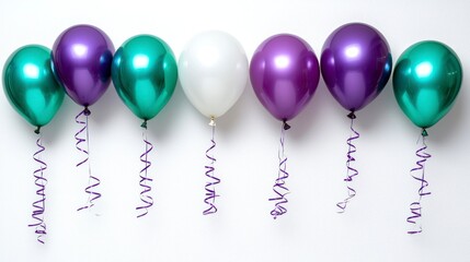 Poster - Metallic balloons in purple, teal, and white arranged in a row against a white background.