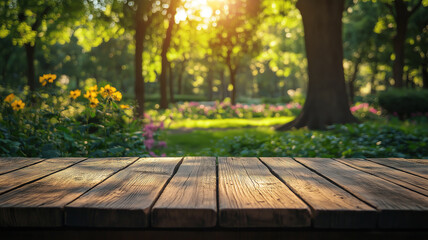 Wall Mural - empty wooden table with a serene green garden in the background perfect for product montage
