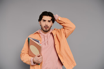 Young man with notebooks looks confused in casual attire against a neutral background