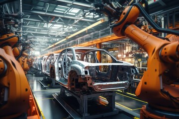 Poster - Automated car production line with robotic arms working on vehicle chassis in contemporary automobile plant