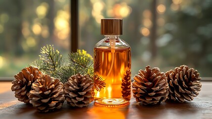 Amber essential oil bottle, pine cones, winter forest background.