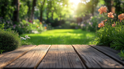 Wall Mural - Tranquil setting with a wooden table and blurred greenery creating a refreshing backdrop