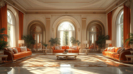 Aufkleber - A large, open living room with a lot of furniture and plants. The room is filled with orange couches and chairs, and there are several potted plants scattered throughout the space