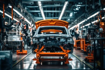 Poster - Car body in a modern automobile factory being assembled on the assembly line