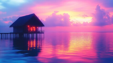 Poster - Overwater bungalow at sunset.