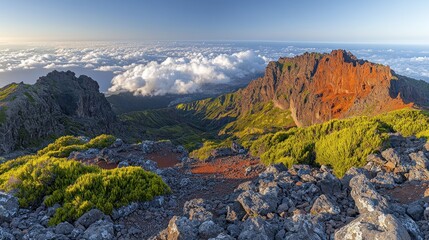 Poster - Panoramic sunset view of volcanic peaks and clouds.