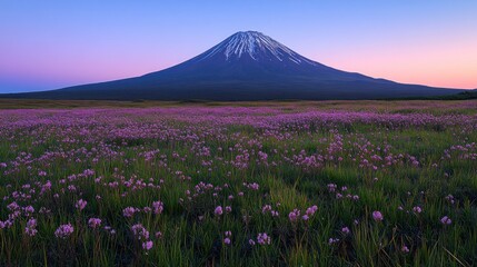 Poster - Pink flower field with snow-capped volcano at sunset.