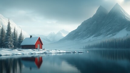 Poster - Red cabin by a snowy, mountainous lake.