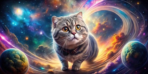  Cosmic feline adventure: a Scottish Fold's surreal space journey, captured in whimsical pet photography.