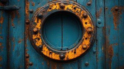 Sticker - Rusted porthole on weathered blue door.