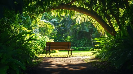 Wall Mural - peaceful park scene with a shaded bench surrounded by lush greenery and dappled sunlight