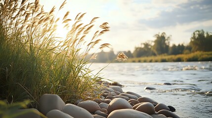 Wall Mural - scenic riverbank with smooth rocks and tall grass swaying in the breeze under soft sunlight