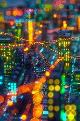 Poster - Visualizing network traffic blocky data packets flowing through a vibrant cityscape at night