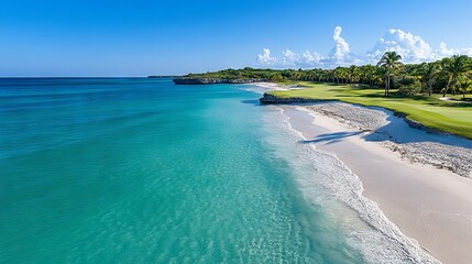 Wall Mural - a view of a beach with a golf course in the distance
