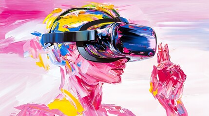 Poster - Abstract painting of a person wearing a VR headset, interacting with a virtual environment.