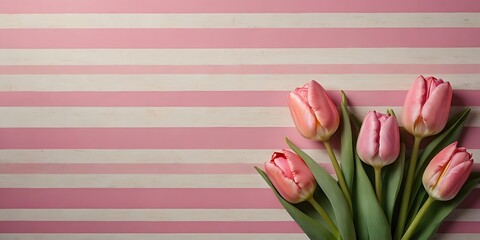 Sticker - pink tulips on pink wooden background