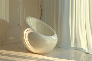 Poster - Sunlight streaming through sheer curtains illuminating a modern white egg chair in an empty room