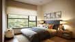 © VERTEX SPACE - Cozy bedroom design featuring comfortable bed, soft lighting, and playful decor. large window offers view of greenery, enhancing serene atmosphere