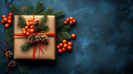 Wall Mural - Beautifully Wrapped Gift Box with Pine Branches, Seasonal Decorations, Pine Cones, and Red Berries on a Dark Textured Background for Festive Celebrations