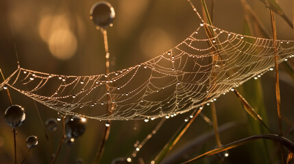 Close-up of dewdrops on a spiderweb in golden morning light, intricate details