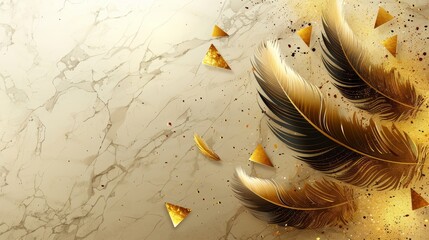 Poster - Golden feathers lay artistically arranged on a smooth marble surface, surrounded by small geometric shapes. The composition exudes a modern and luxurious vibe, perfect for creative projects.