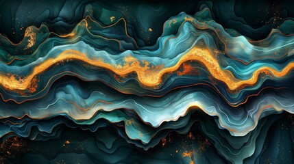 Poster - Swirling waves of blue, gold, and teal create a mesmerizing abstract design. This artwork features dynamic shapes flowing smoothly, contrasting against a dark background, evoking depth and movement.