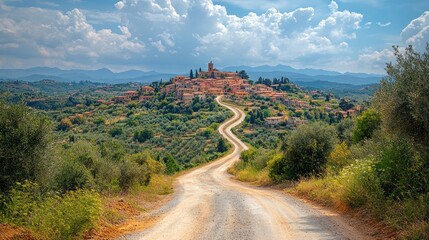 Poster - Winding road leading to a hilltop village in Tuscany.