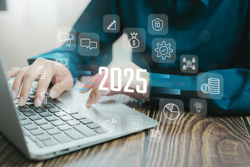 Poster - Digital workspace with future planning for 2025 and technology icons