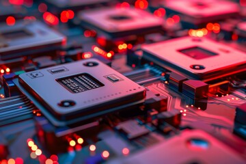 Poster - Computer processors on motherboard with red lights glowing showing data transfer