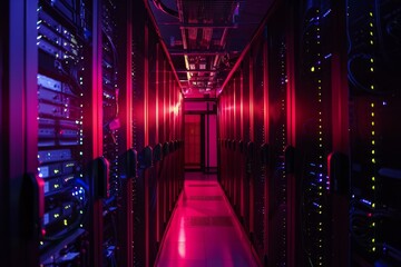 Poster - Server room with rows of network equipment connected with cables and flashing led lights