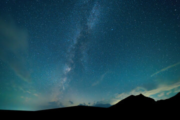 Wall Mural - Beautiful bright milky way galaxy under the mountains. Night landscape.