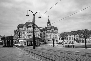 Oradea  Transylvania with tram station in Union Square cityscape in Romania