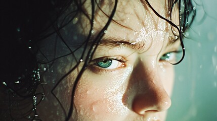 Wall Mural - Woman with wet hair and a blue eye. The image is blurry and has a moody feel to it