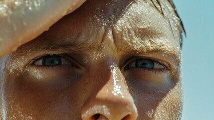 Wall Mural - Man with wet hair and a blue shirt is sweating. He is looking at the camera. Concept of discomfort and exhaustion