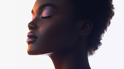 Wall Mural - Woman with dark hair and purple lipstick is sitting in front of a white background. Concept of calm and relaxation, as the woman is taking a break from her day