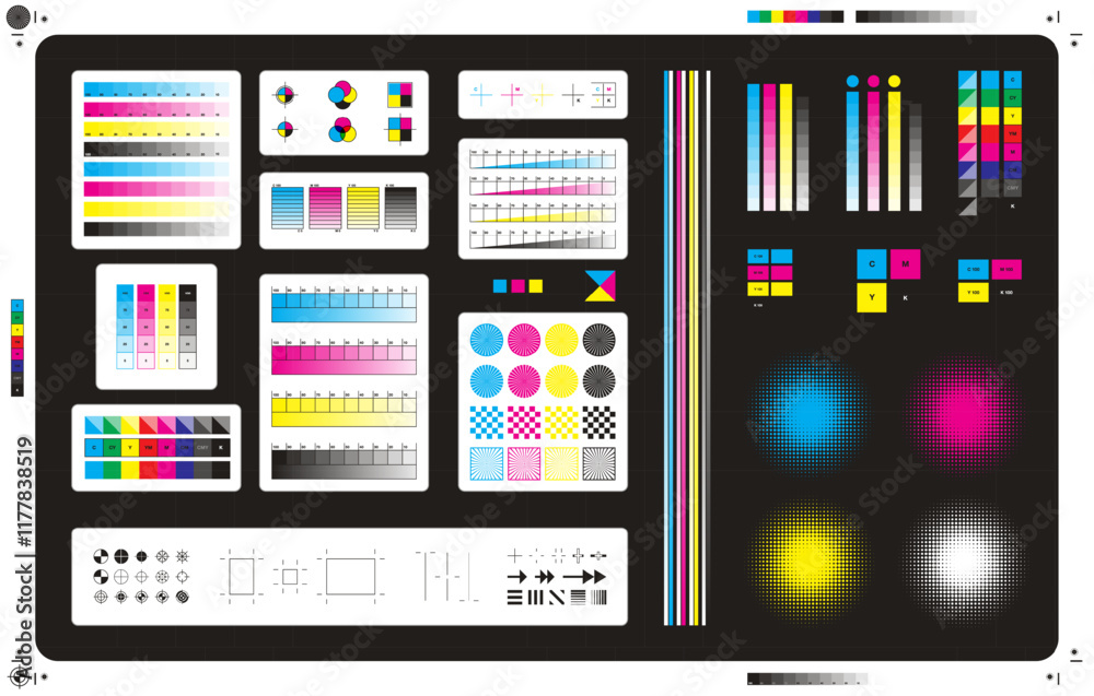 Color cmyk management elements. Offset print registration plates ...