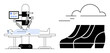 © robu_s - Patient on operating table under robotic arms with monitoring screen, and abstract cloud with geometric shapes. Ideal for healthcare, technology, medical innovation, future of surgery, robotic