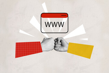 Poster - Creative collage picture hands body fragments interface web windows power support teamwork gesture fists sleeve drawing background