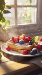 Poster - Delicious close-up of golden French toast topped with fresh berries on a sunlit breakfast table