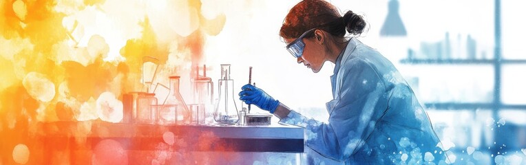 Poster - Portrait of a scientist conducting experiments in a bright laboratory with colorful watercolor background