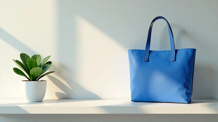 Wall Mural - A minimalist scene featuring a blue bag and a potted plant on a shelf with soft lighting. new image