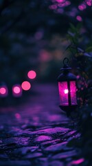 Poster - Captivating violet and magenta bokeh lights illuminate a serene garden path at twilight