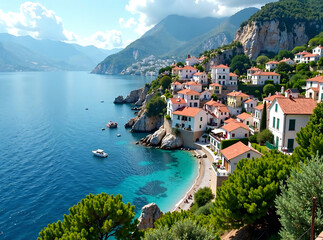 Wall Mural - Serene coastal village with white buildings and red roofs, surrounded by mountains and greenery. new image