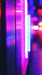 Aufkleber - Bokeh effects with vibrant neon magenta and blue lights illuminating a bustling urban environment at night