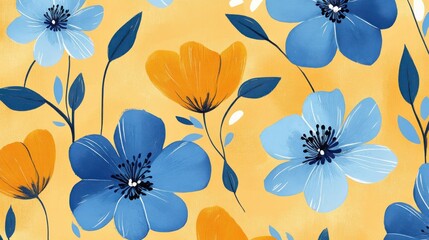 Aufkleber - Hand-drawn blue flowers on a golden-yellow background create a vibrant and artistic floral pattern for decoration
