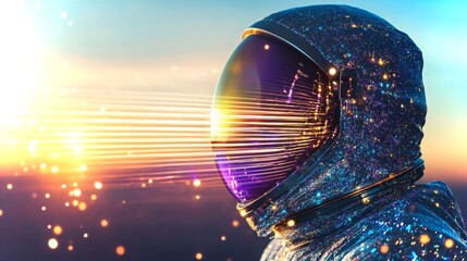 Poster - Astronaut adjusting blinds to capture sunlight in a cosmic landscape at dawn